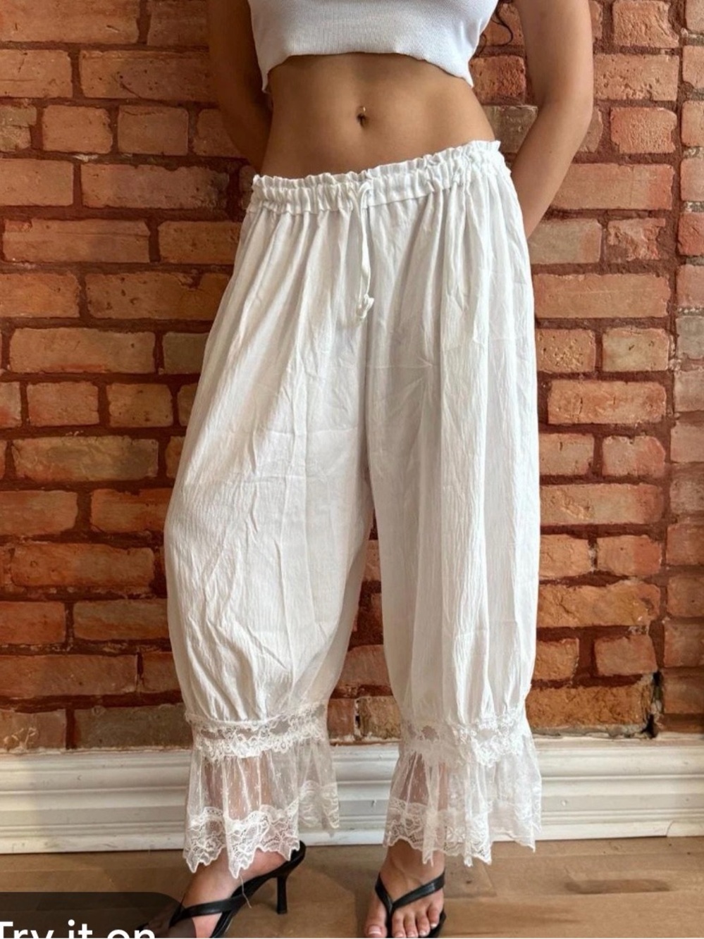 Free People White Lace-Trim Cotton Cropped Jumpsuit Pants